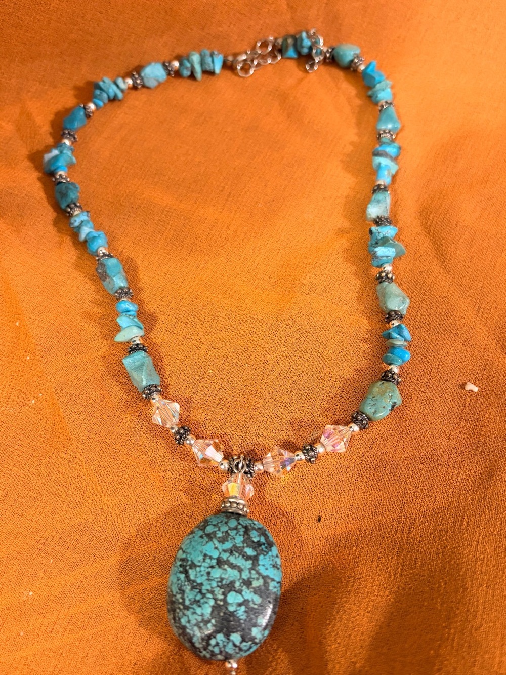 Turquoise Focal Bead with turquoise chips. Bead Necklace- Women's Jewelry